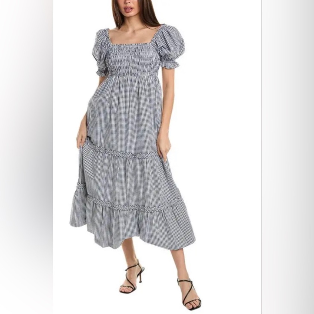 TYLER BOE kate smocked midi maxi dress puff sleeve in navy gingham check large